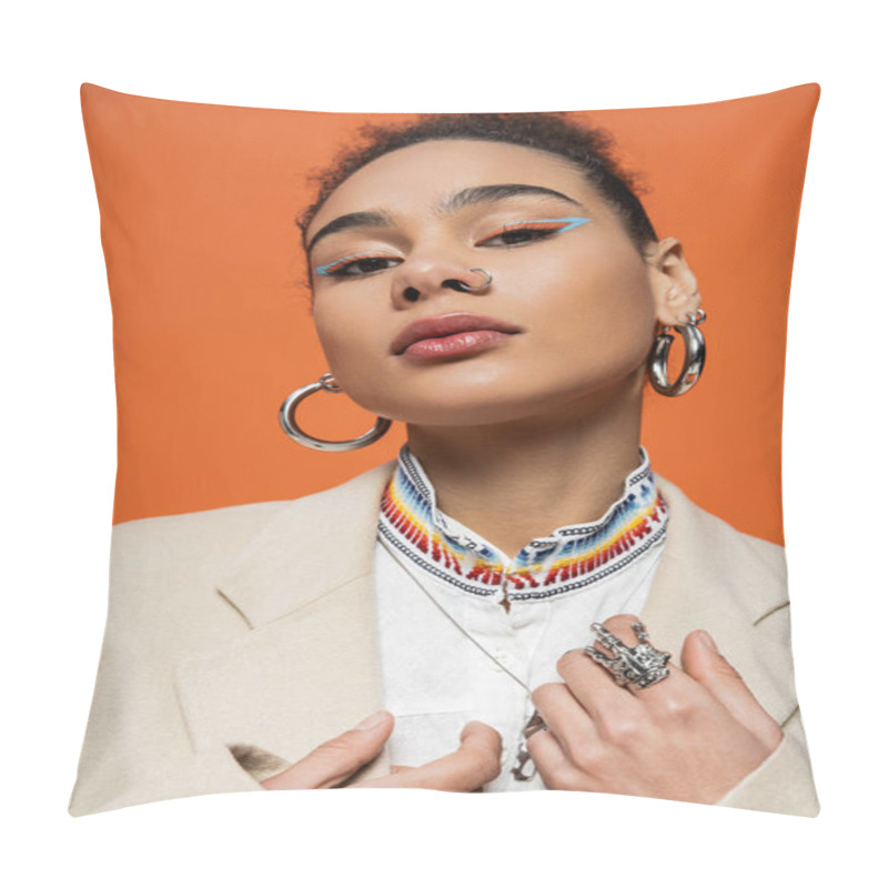 Personality  Portrait Of Stylish Fashion Model In Beige Blazer Looking At Camera On Vivid Orange Background Pillow Covers