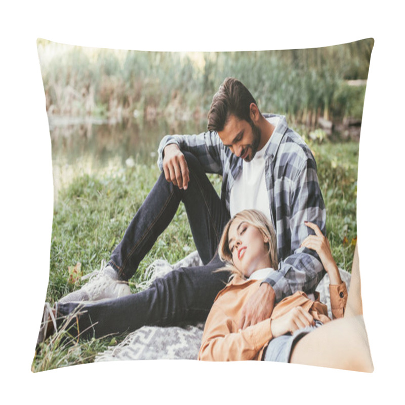 Personality  Handsome Man Embracing Girlfriend Sleeping On Blanket Near Lake In Park Pillow Covers