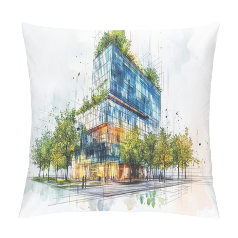 Personality  Exemplifying The ESG Environmental, Social, Governance Concept, A Corporate Glass Building Reflects Green Trees. Sustainability Into Business Practice Watercolor And Grid Line Vector Illustration. Pillow Covers