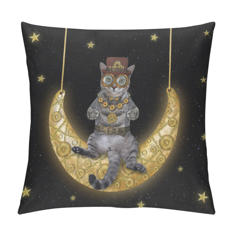 Personality  A Gray Cat Is Swinging On The Steampunk Moon On Th Star Night Sky. Pillow Covers