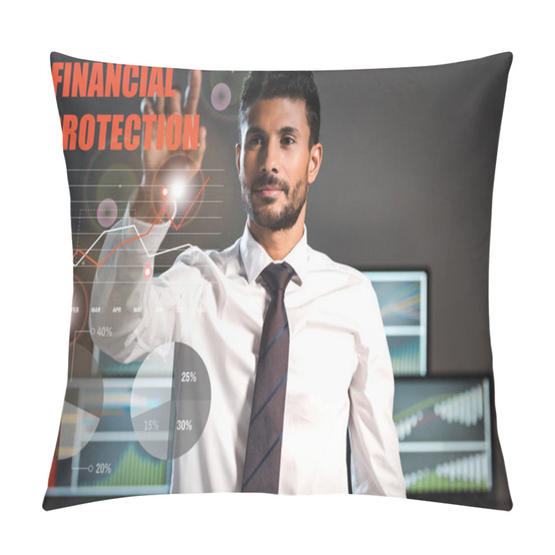 Personality  Selective Focus Of Bi-racial Trader Pointing With Finger At Financial Protection Letters  Pillow Covers