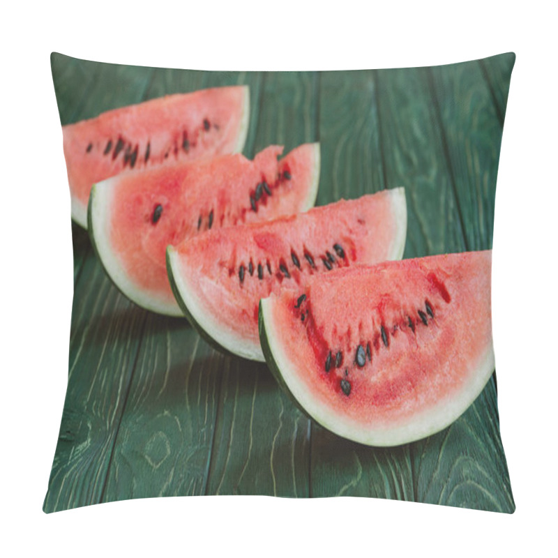 Personality  Close Up View Of Watermelon Slices On Green Wooden Surface Pillow Covers