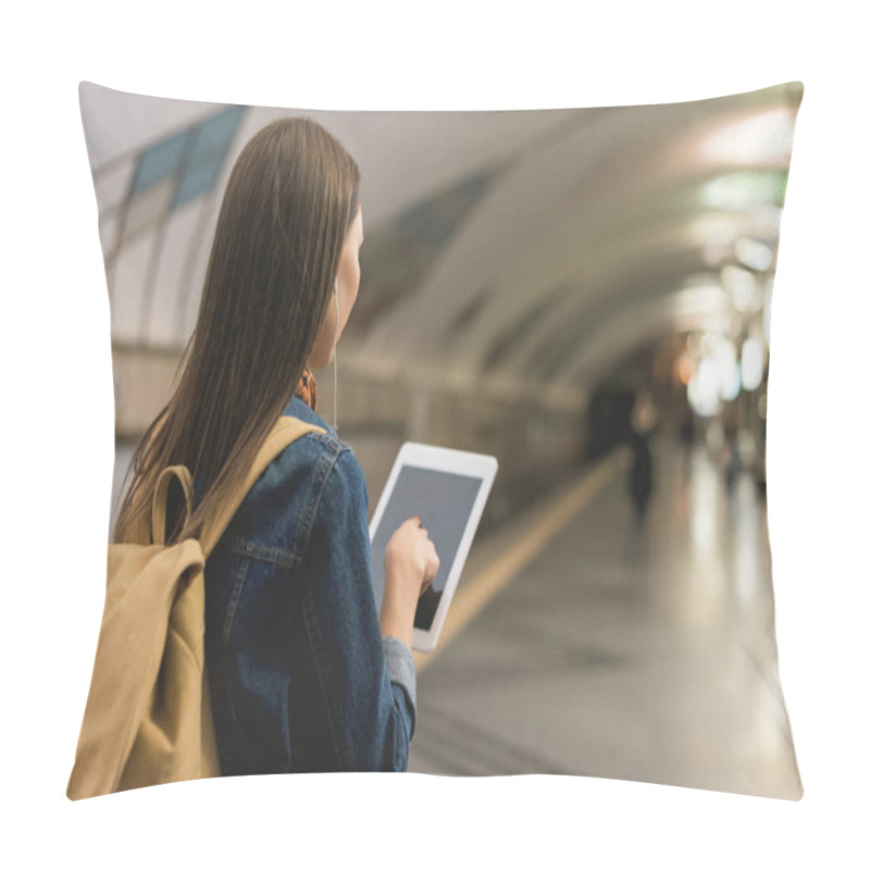 Personality  Rear View Of Stylish Woman With Digital Tablet And Earphones At Metro Station  Pillow Covers