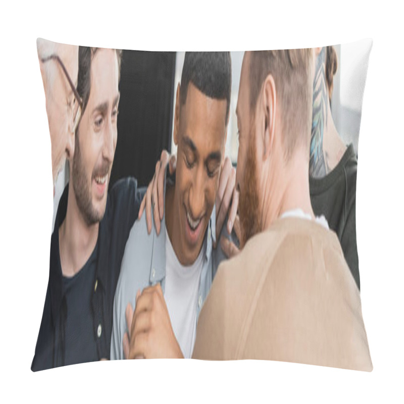 Personality  Cheerful Group Hugging African American Man During Anonymous Alcoholics Meeting In Rehab Center, Banner Pillow Covers