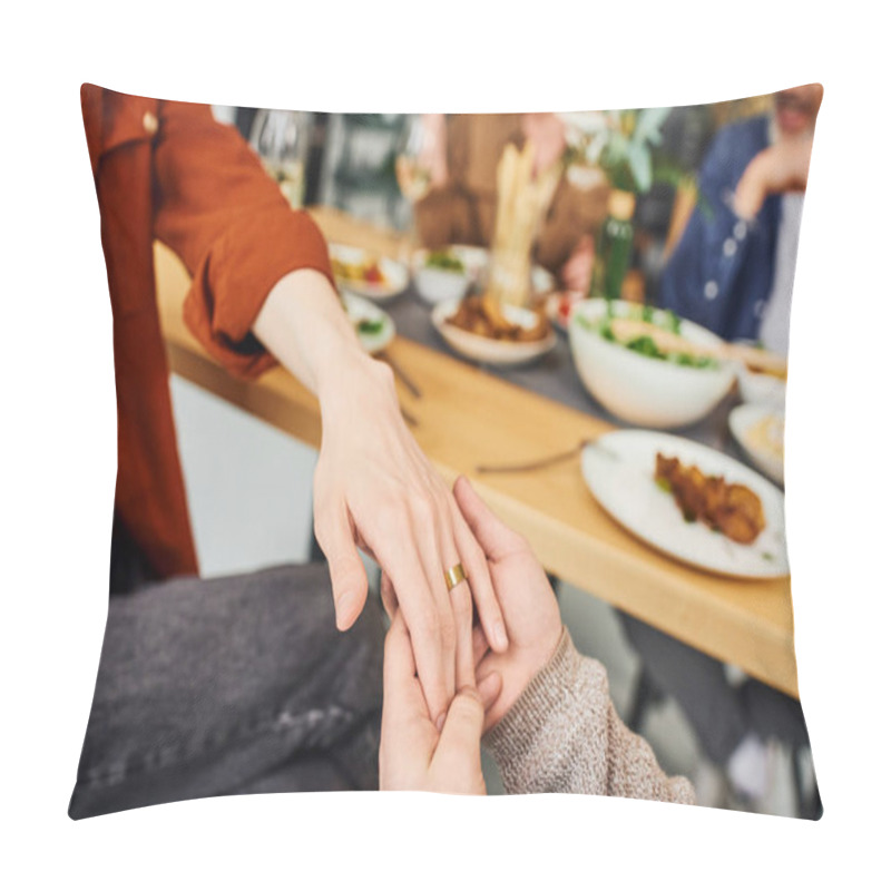 Personality  Cropped View Of Gay Man Holding Hand On Boyfriend In Wedding Ring Near Blurred Supper And Parents At Home Pillow Covers