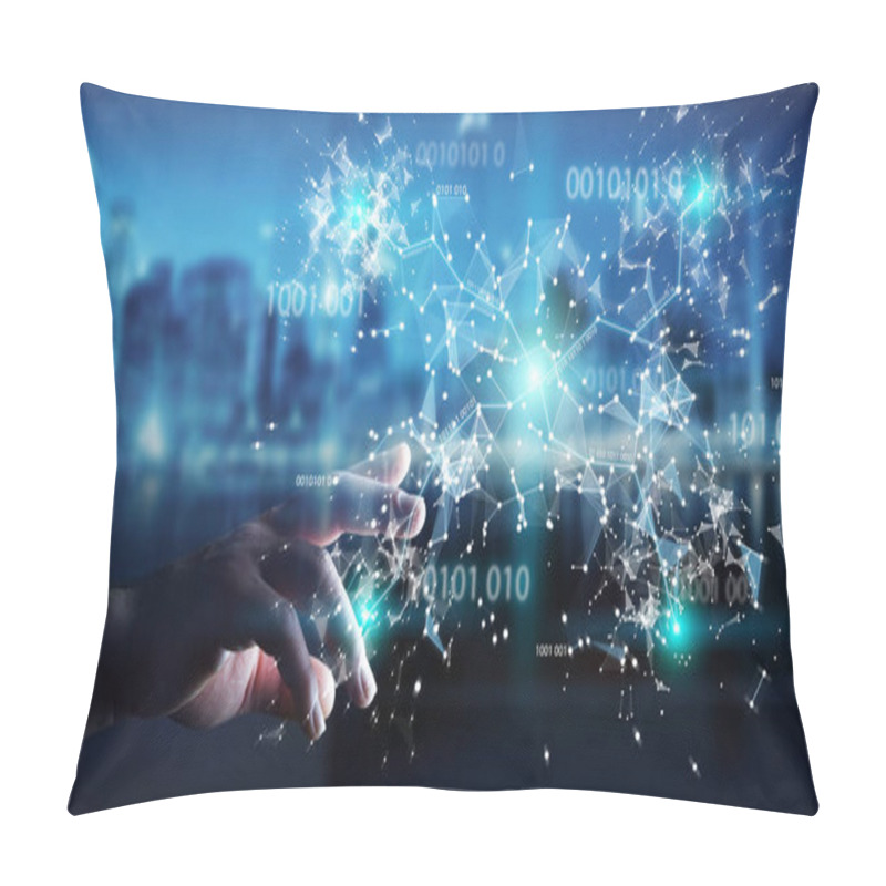 Personality  Businesswoman Using Digital Binary Code Connection Network 3D Re Pillow Covers