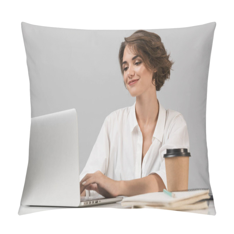 Personality  Image Of Young Happy Cheerful Business Woman Posing Isolated Over Grey Wall Background Sitting At The Table Using Laptop. Pillow Covers