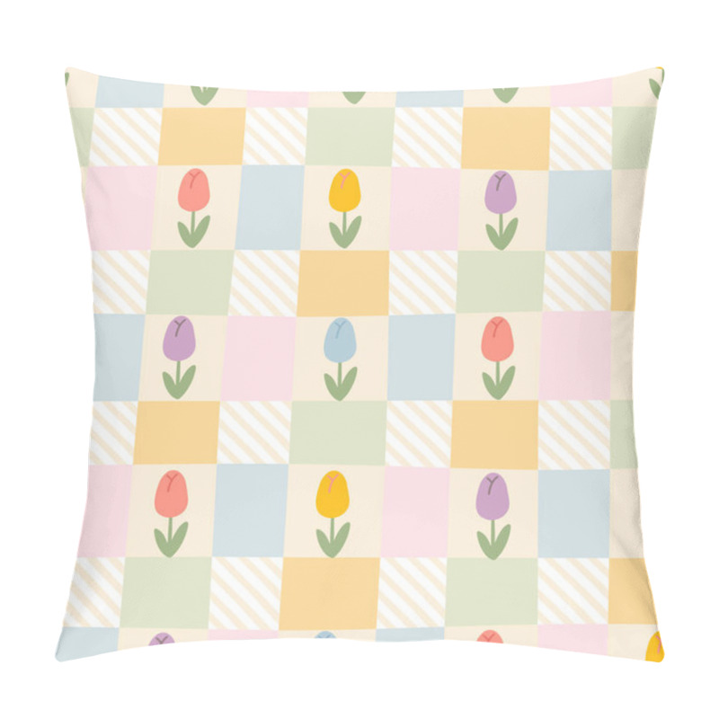 Personality  Gingham Seamless Vector Pattern With Tulip Flowers. Tartan Check For Tablecloths, Napkins, Clothes, Packaging, For The Easter Holiday. Cozy Cute Childish Background In A Pastel Palette Pillow Covers