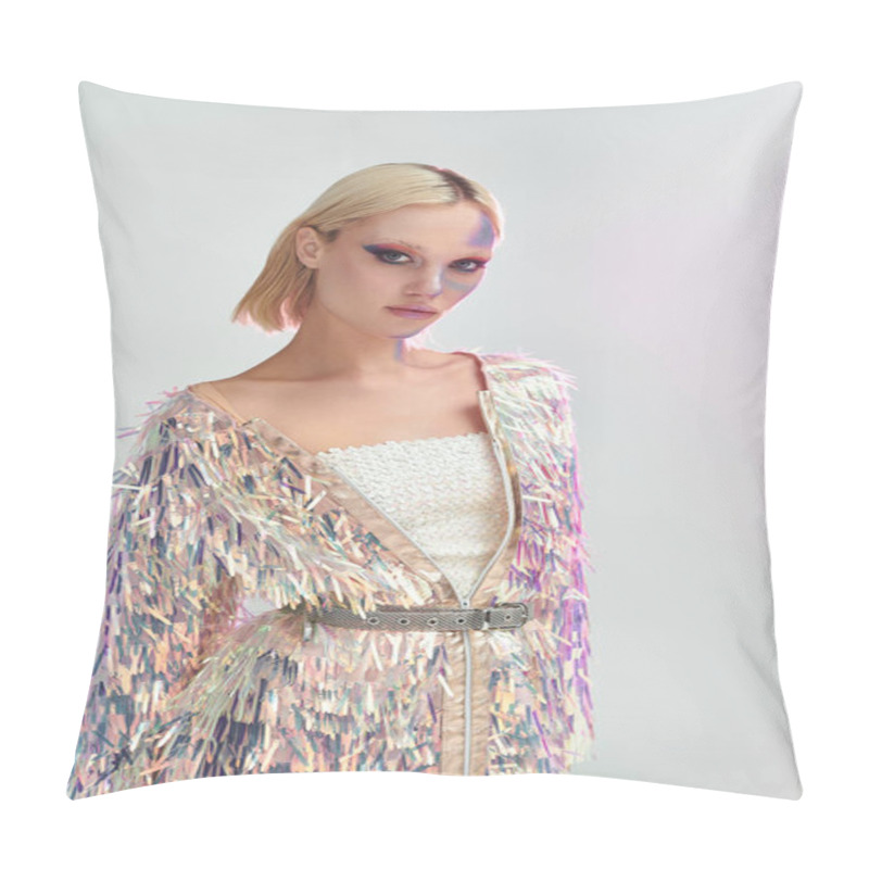 Personality  A Stylish Young Woman Showcases Her Holographic Outfit With Artistic Flair. Pillow Covers