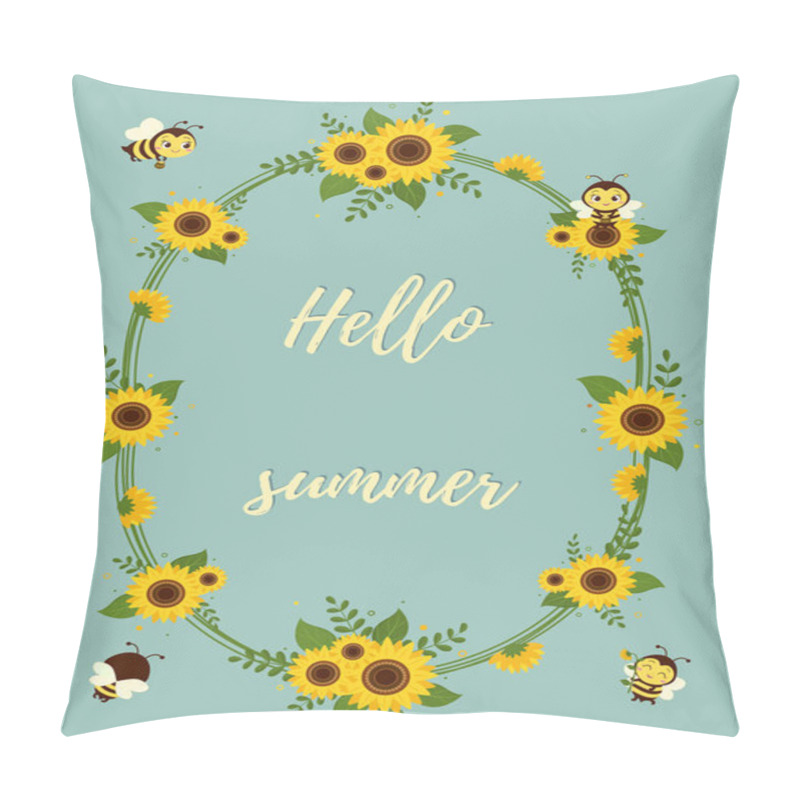 Personality  Frame Made Of Sunflowers, Leaves And Cute Bees With Honey. Greetings Card Hello Summer. Vector. Pillow Covers