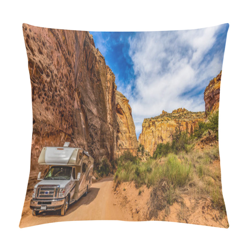 Personality  Camper Van On Canyon Scenic Drive In Capitol Reef National Park, Utah, USA Pillow Covers