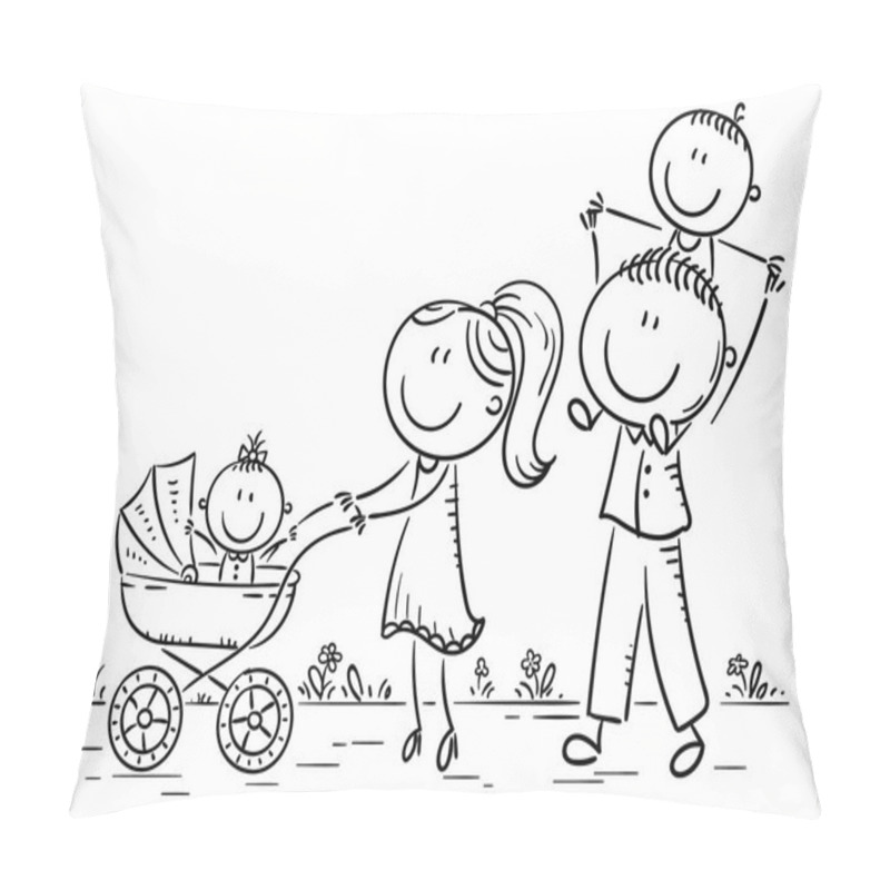 Personality  Happy Cartoon Family With Two Children Walking Outdoors, Outline Pillow Covers