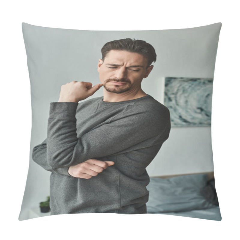 Personality  Bearded Man Feeling Discomfort And Ache While Standing At Home, Muscle Tension And Health Concern Pillow Covers