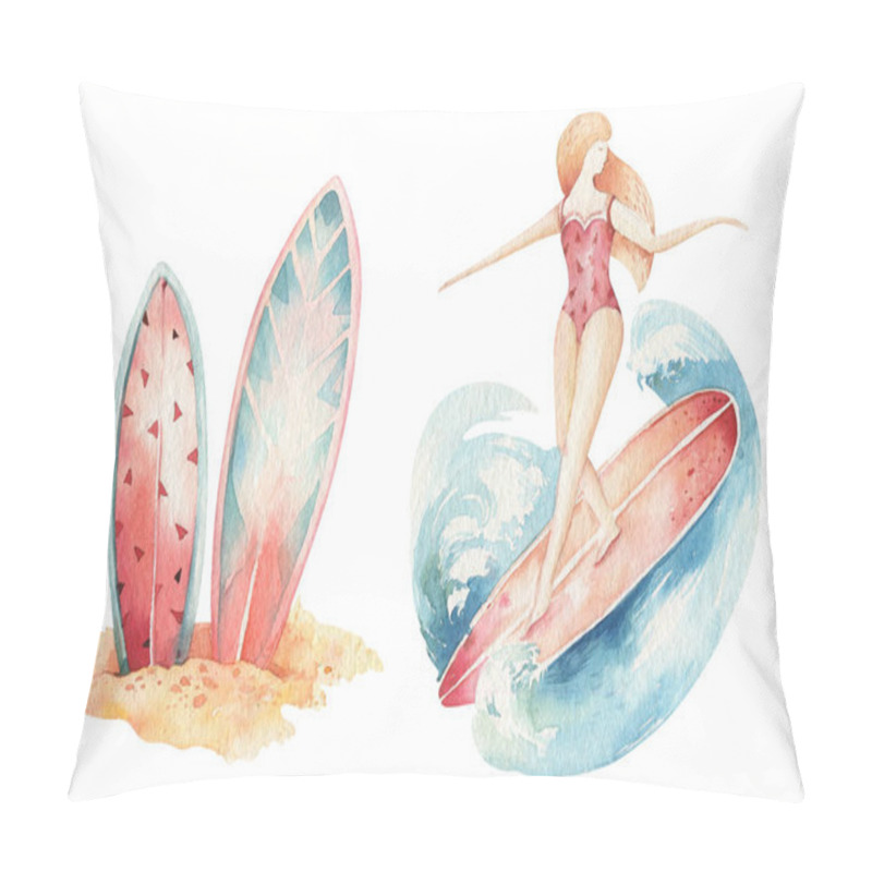 Personality  Watercolor Style Set Of Surf Man And Woman Surfers Silhouettes With Wave. Ocean Summer Wave Design Isolated On White Background. Pillow Covers