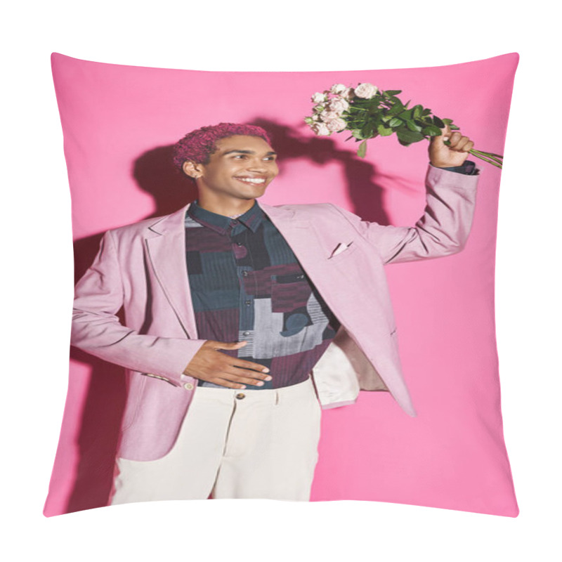 Personality  Cheerful Young Man In Pink Blazer Posing Like Doll With Rose Bouquet In Hands And Looking Away Pillow Covers