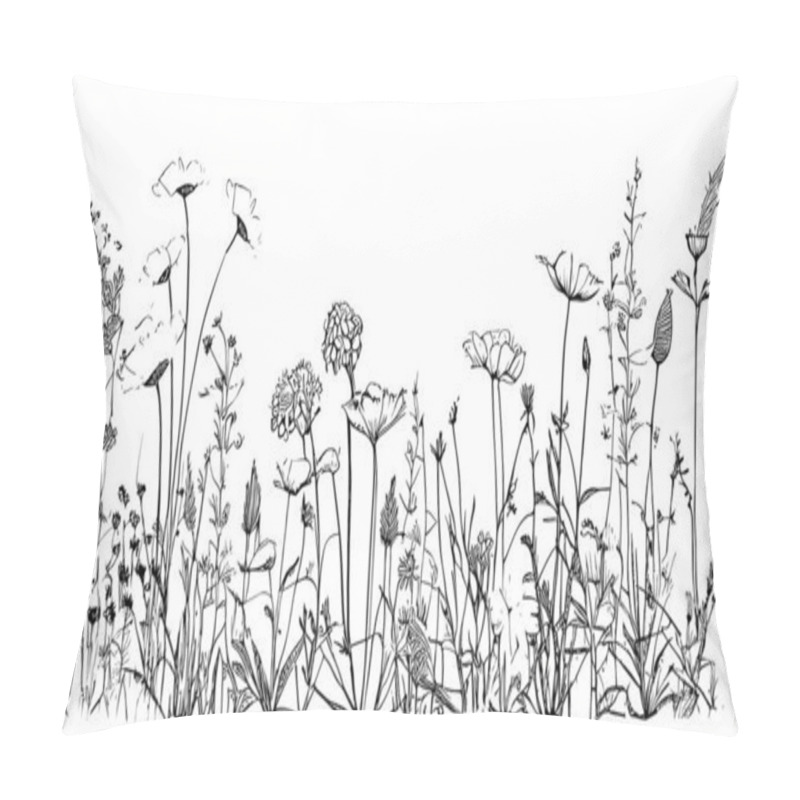 Personality  Wild Flowers In The Field Hand Drawn Sketch Vector Illustration Pillow Covers