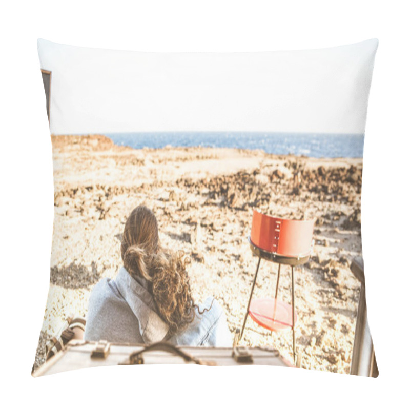 Personality  Young Hipster Couple At Sunset Traveling Together On Oldtimer Mini Van Transport - Travel Lifetstyle Concept With Indie People On Minivan Adventure Trip Relaxing And Chilling - Warm Bright Filter Pillow Covers