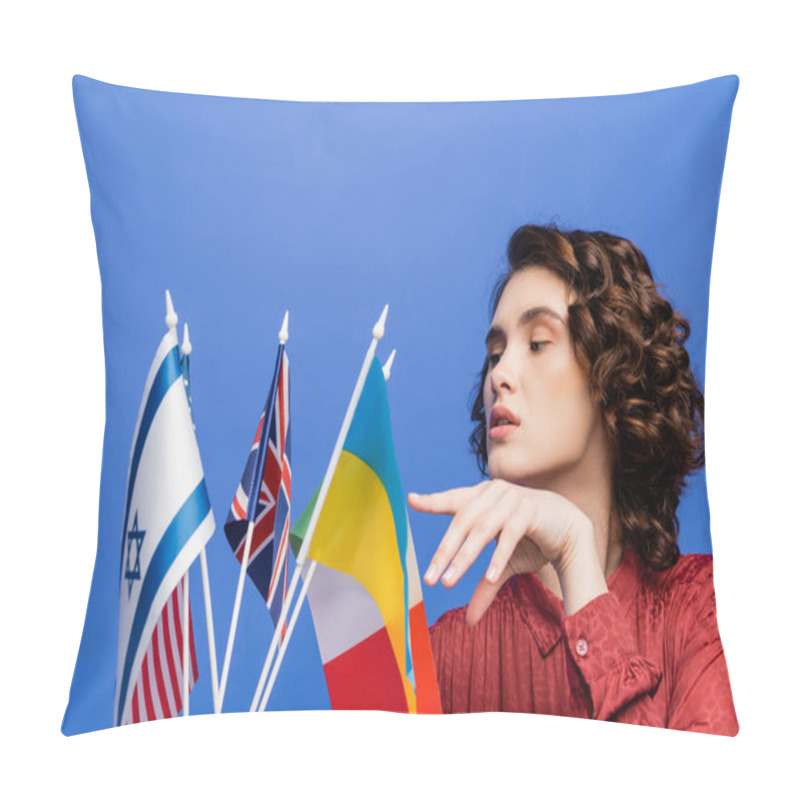 Personality  Brunette Woman Pointing At Different Flags While Choosing Language To Study Isolated On Blue Pillow Covers