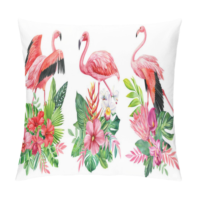 Personality  Exotic Flower, Palm, Birds. Tropical Arrangements With Leaves, Flowers And Flamingoes. Card, Invitation, Poster Designs. High Quality Illustration Pillow Covers