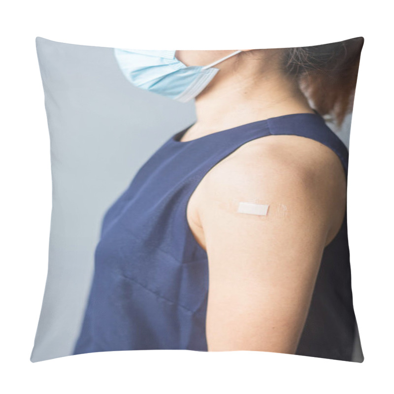 Personality  Happy Woman Showing Her Arm With Bandage After Receiving Covid 19 Vaccine. Vaccination, Herd Immunity, Side Effect, Vaccine Efficiency And Coronavirus Pandemic Pillow Covers