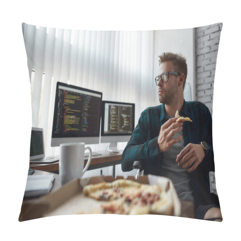 Personality  Taking A Break. Portrait Of Hungry Male Web Developer In A Wheelchair Eating Pizza While Sitting At His Workplace In The Modern Office. Multiple Computer Screens With Program Code Pillow Covers