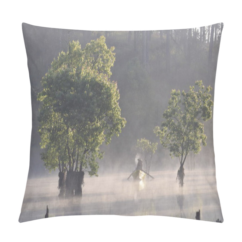 Personality  Submerged Trees And Fishing Man On The Lake With Dense Fog And Magic Light At Sunrise Pillow Covers