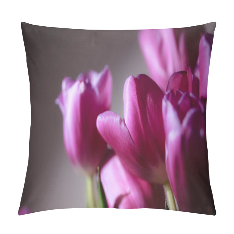 Personality  Natural Bouquet Of Spring Tulips. Purple Tulips On A Plain Gray Background. Valentine's Day, Mother's Day, Tenderness Day, Birthday Concept. Soft Selective Focus. Spring Scene. Greeting Card. Pillow Covers