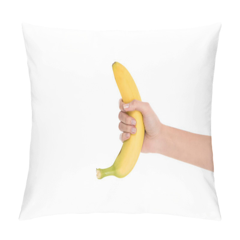 Personality  Cropped Shot Of Woman Holding Fresh Banana In Hand Isolated On White Pillow Covers