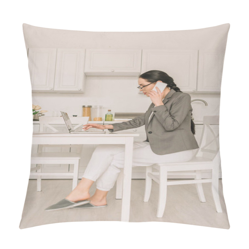 Personality  Side View Of Businesswoman In Blazer Over Pajamas Working In Kitchen, Talking On Smartphone And Using Laptop Pillow Covers