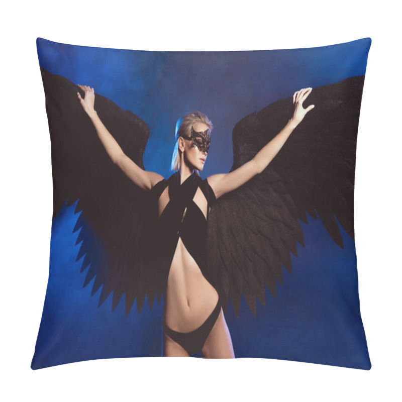 Personality  Beautiful Sexy Woman With Lace Mask And Black Angel Wings Posing On Dark Blue Background Pillow Covers