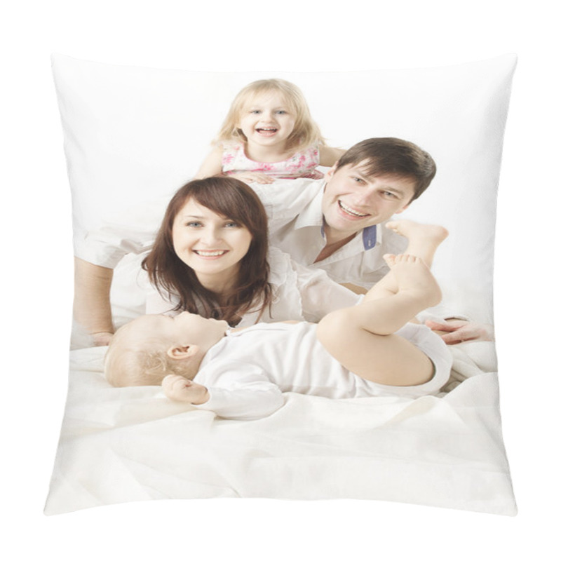 Personality  Happy Family: Parents Playing With Two Kids In Bed. Looking At C Pillow Covers