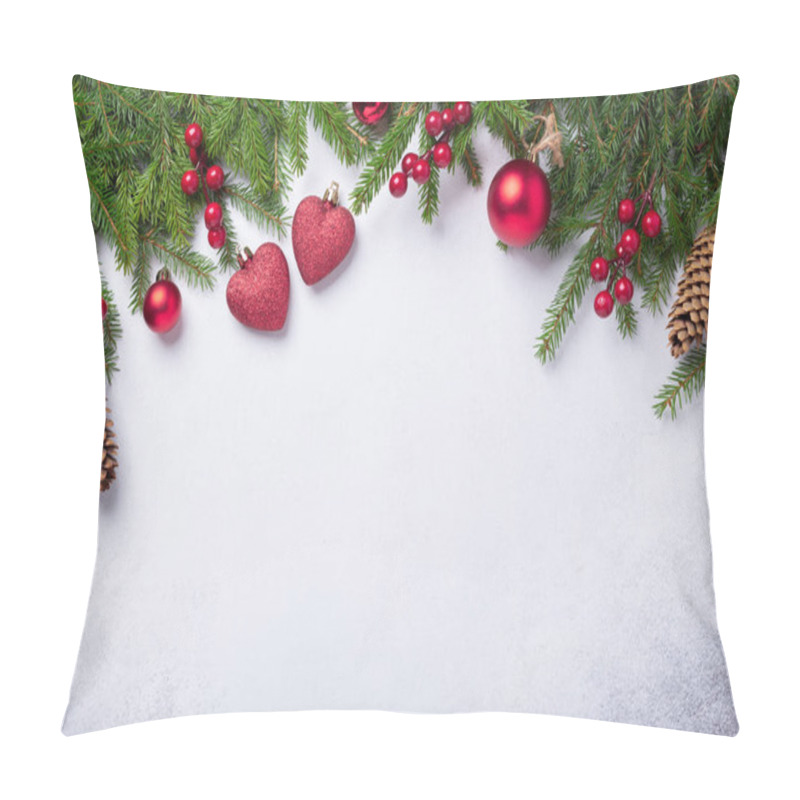 Personality  Christmas Background With Fir Tree And Red Gifts. Top View Copy Space Pillow Covers