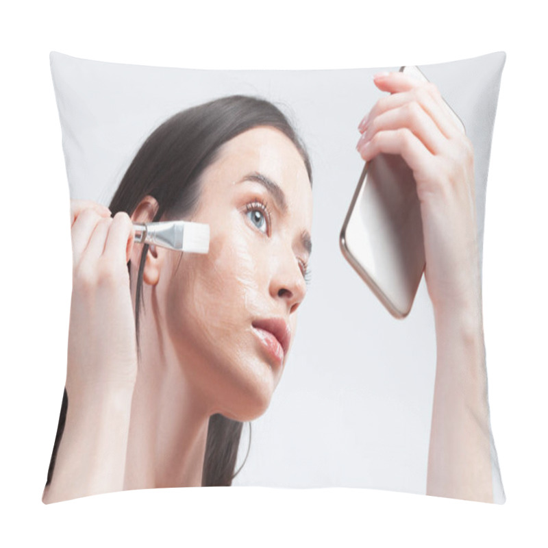 Personality  Young Beautiful Woman With Clean Perfect Skin Applies Cosmetic Brush With Transparent Moisturizing Face Mask. Skin Care And Age Cosmetics Concept Pillow Covers