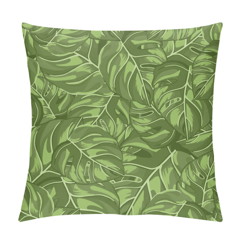 Personality  Tropical Seamless Pattern Random On Green Background. Abstract Texture Decoration With Leaf Monstera Real Green Color. Fashion Of Summer Nature Jungle For Print. Vector Illustration Design. Pillow Covers