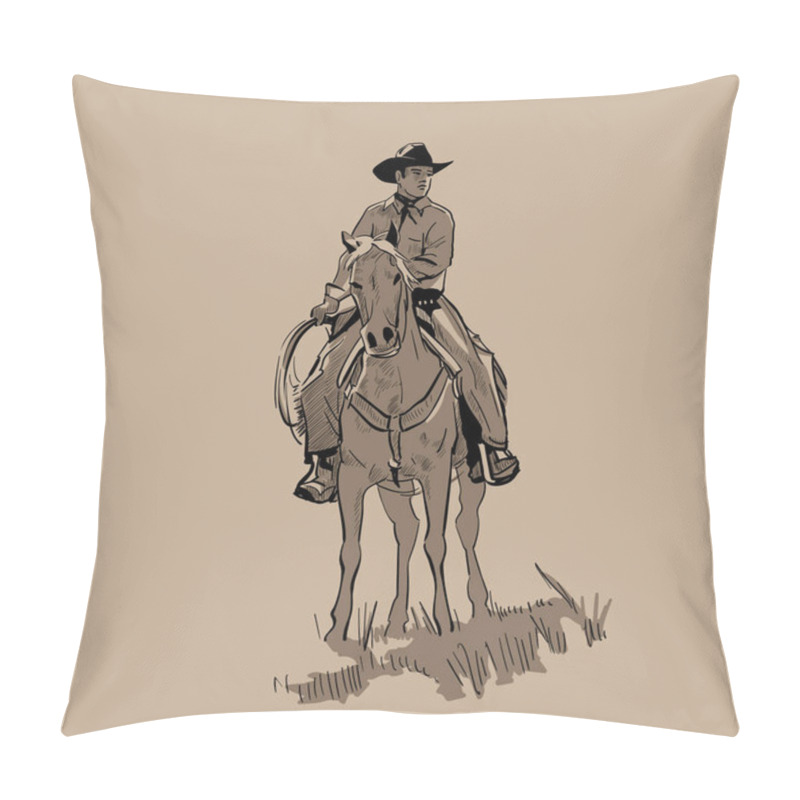 Personality  American Cowboy Riding Horse And Throwing Lasso. Hand Drawn Vector Illustration. Hand Sketch. Illustration. Pillow Covers