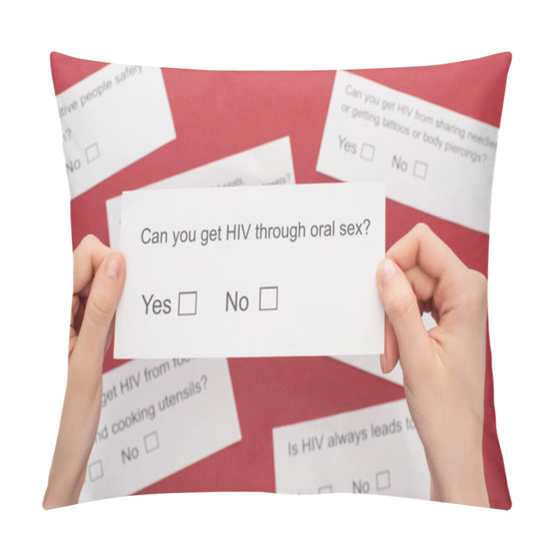 Personality  Partial View Of Woman Holding HIV Questionnaire On Red Background Pillow Covers