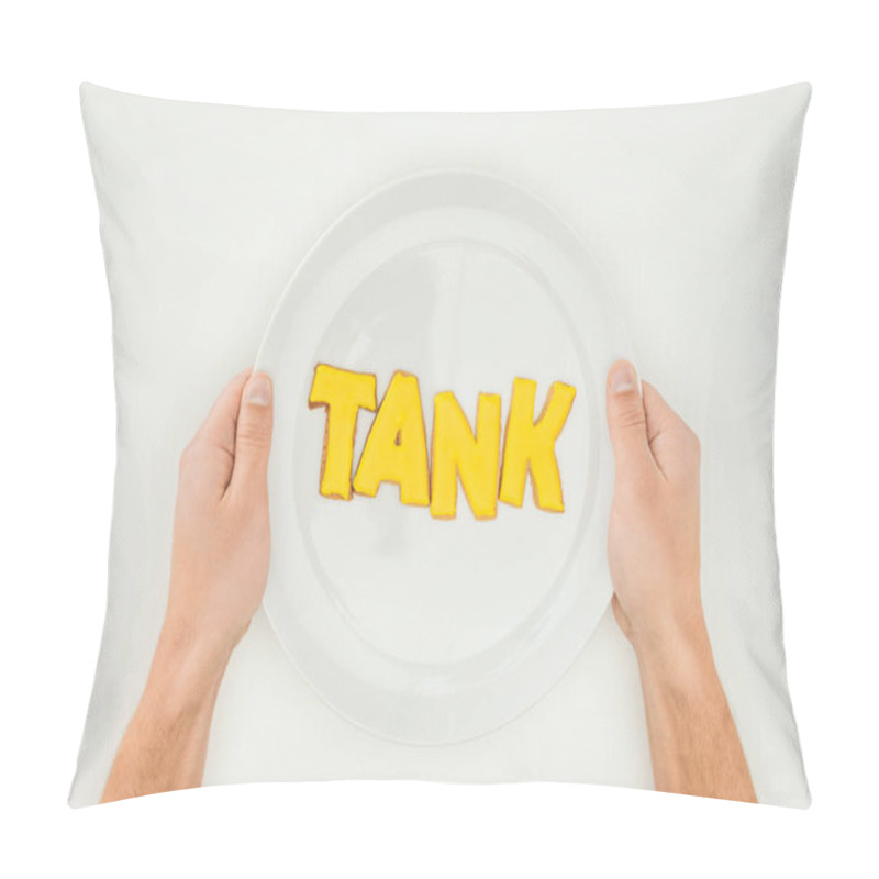 Personality  Cropped Person Holding Plate With Tank Word In Yellow Cookies Isolated On White Background Pillow Covers