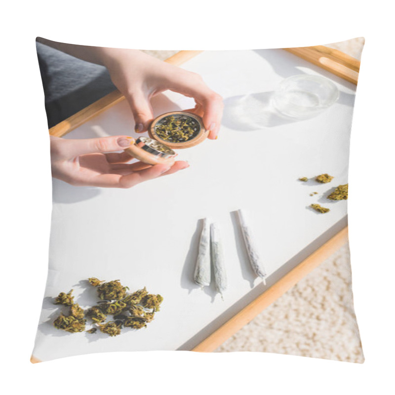 Personality  Top View Of Girl Closing Herb Grinder With Medical Cannabis In Sunlight  Pillow Covers