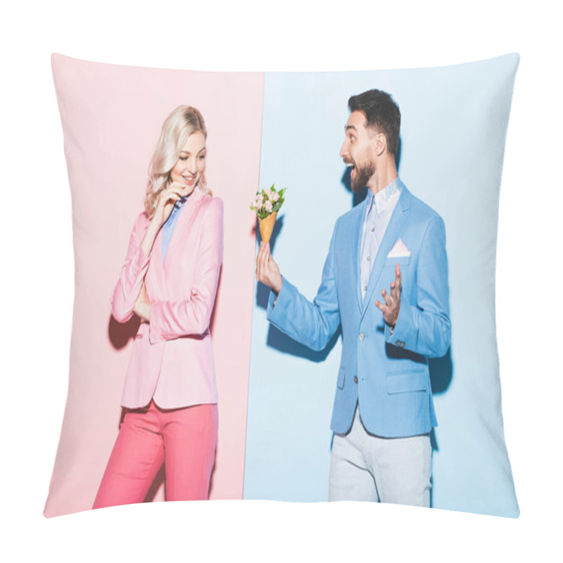 Personality  Shocked Man Giving Bouquet To Attractive Woman On Pink And Blue Background  Pillow Covers