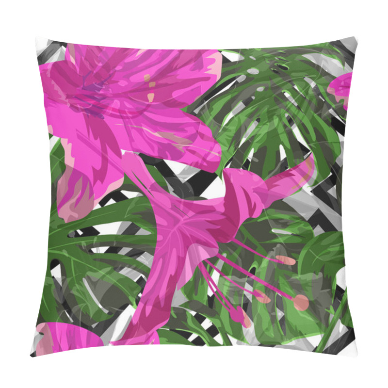 Personality  Hawaiian Flowers.  Seamless Illustration. Summer Design For Swimwear. Exotic Palm Greenery Backdrop. Hawaiian Flowers And Leaves. Pillow Covers