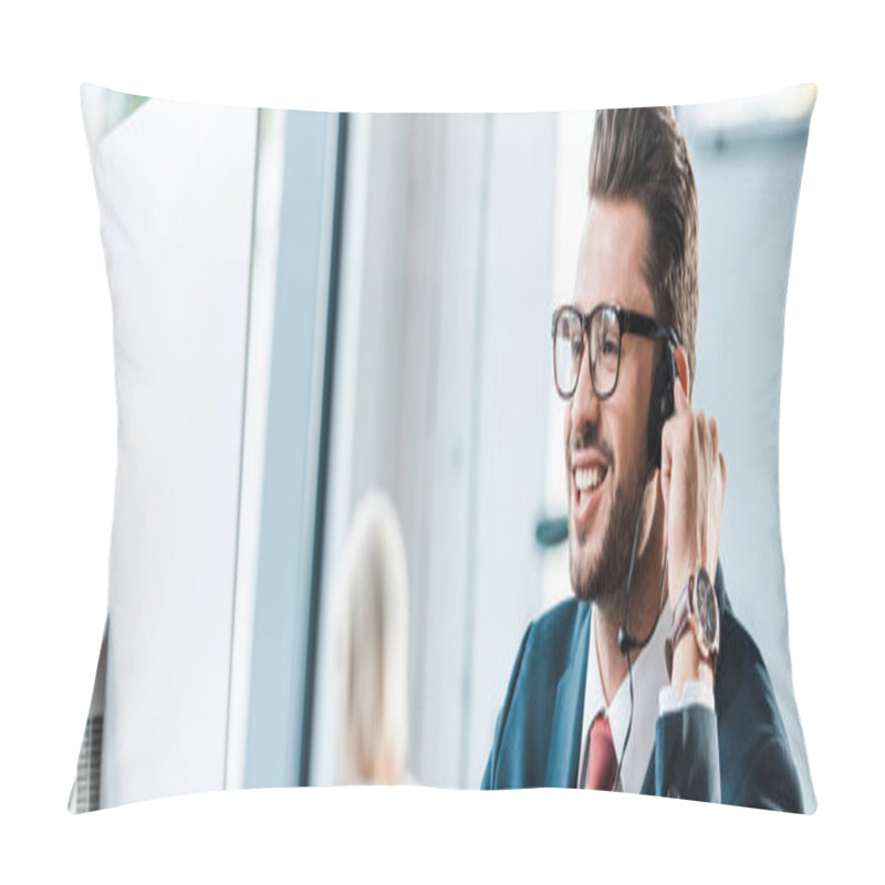 Personality  Panoramic Shot Handsome Businessman In Headset And Glasses Smiling In Office  Pillow Covers