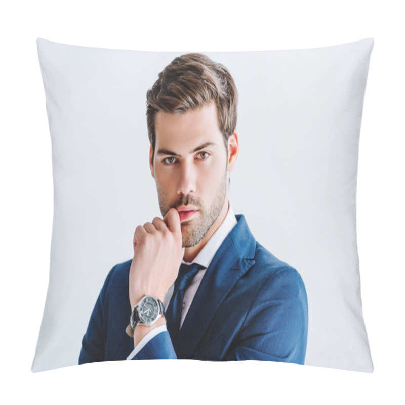 Personality  Handsome Businessman In Blue Suit Isolated On White Pillow Covers