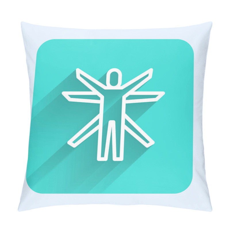 Personality  White Line Vitruvian Man By Leonardo Da Vinci Icon Isolated With Long Shadow. Human Anatomy. Green Square Button. Vector. Pillow Covers