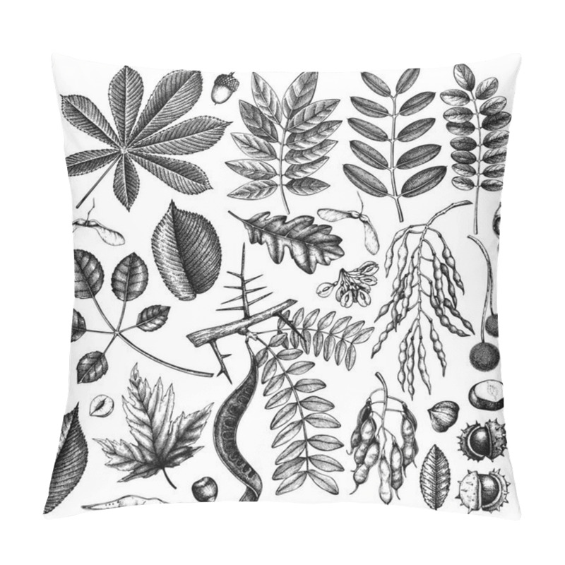 Personality  Hand Sketched Autumn Leaves Collection. Elegant And Trendy Botanical Elements. Hand Drawn Autumn Leaves, Berries, Seeds And Bird Sketches. Perfect For Invitation, Cards, Flyers, Menu, Label, Packaging. Vintage Botanical Illustration Pillow Covers