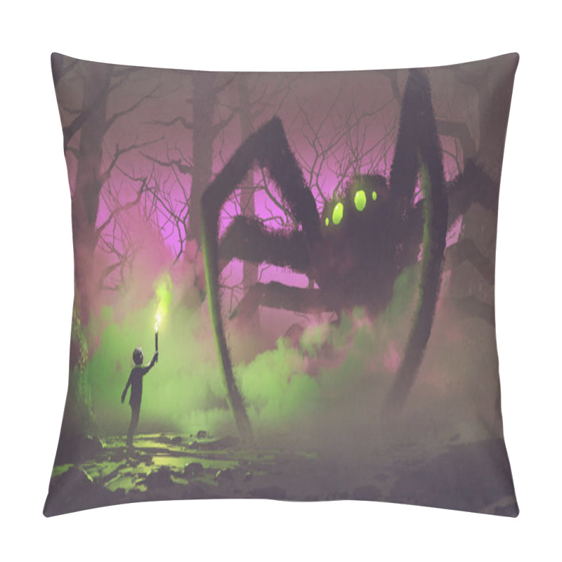 Personality  The Boy With A Torch Facing Giant Spider Pillow Covers