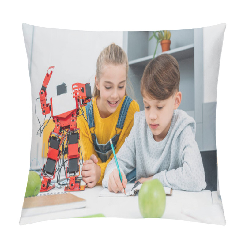 Personality  Schoolchildren Writing In Notebook At STEM Robotics Lesson  Pillow Covers