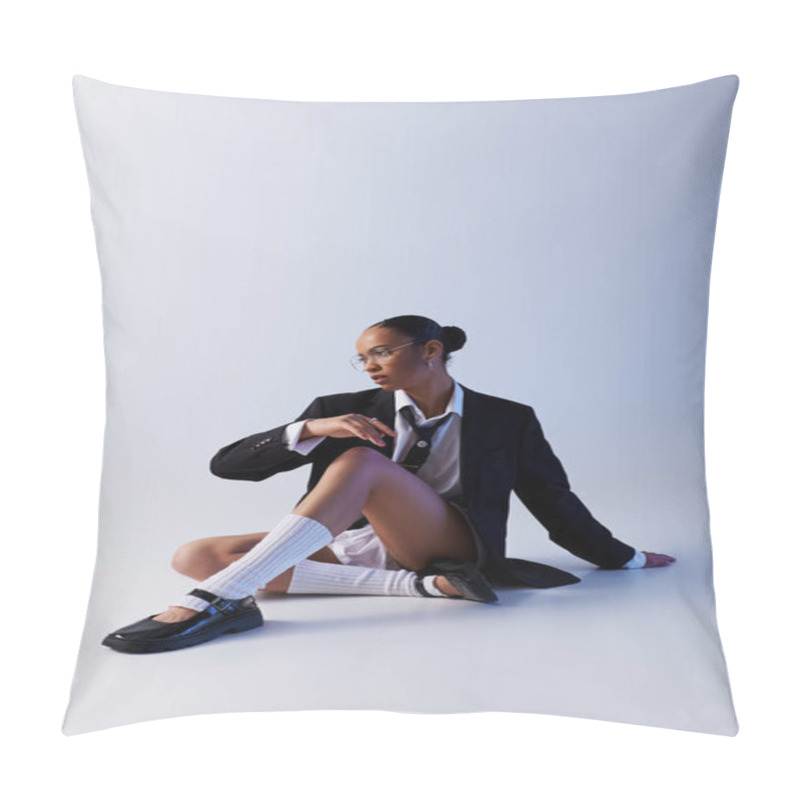 Personality  Young African American Woman Sitting On Ground In Suit And Tie, White Studio Pillow Covers