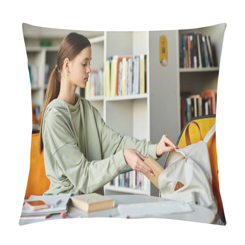 Personality  A Teenage Girl, Backpack Beside Her, Diligently Doing Homework On A Laptop After School In A Modern Education Setting. Pillow Covers