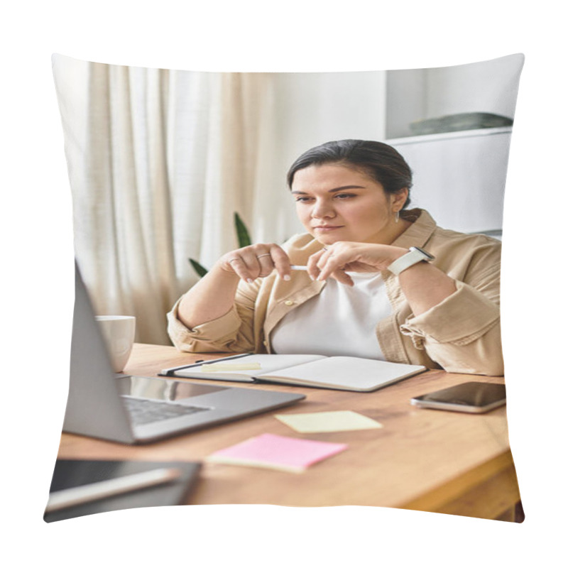 Personality  A Young Plus Sized Woman Concentrates Intently While Working On Her Laptop At Home. Pillow Covers