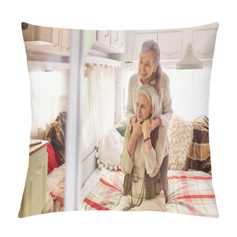 Personality  A Lesbian Couple Embraces Inside Their RV, Their Faces Illuminated With Joy And Affection. Pillow Covers